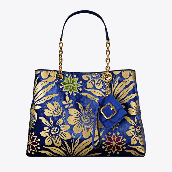 Tory Burch $128 SAWYER MINI BAG KEY FOB CHARM Blue Dahlia Suede - Picture 2 of 8